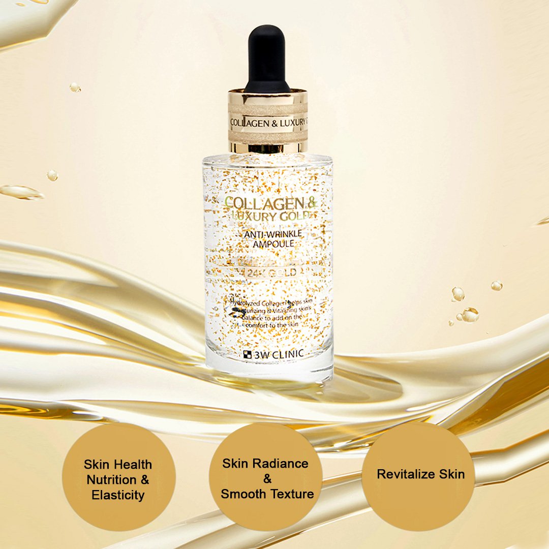 3w Clinic Collagen & Luxury 24K Gold Anti Wrinkle Ampoule 100ml - Image 4